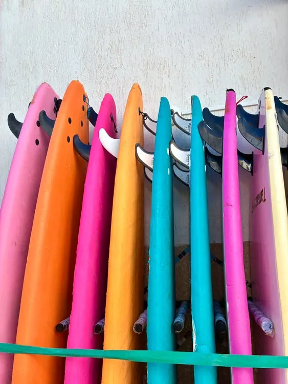 Colorful soft-top rental surfboards lined up on a rack