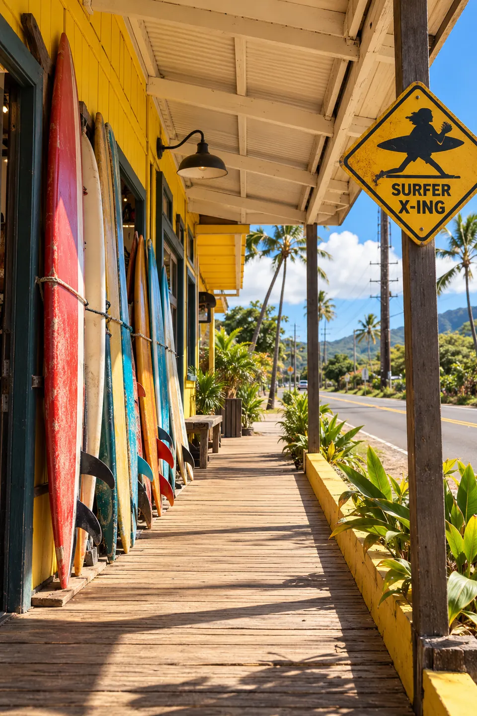A yellow wooden surf shop porch lined with surfboards and a Surfer Crossing sign
